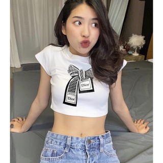 Áo croptop basic in hình nơ trước ngực tay ngắn, áo thun nữ đẹp - Luvie