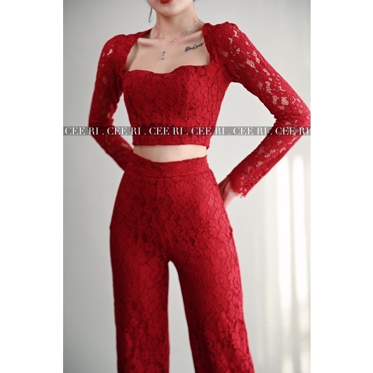 Set ren cao cấp gồm áo tay dài & quần cạp cao