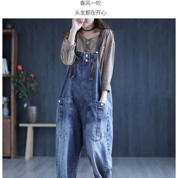 Quần Yếm Denim Ống Rộng Plus Size Phong Cách Retro Cho Nữ