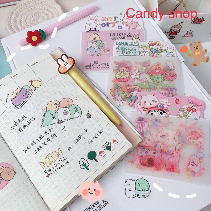 Bộ 4 tấm sticker trang trí cô gái, molang, gấu, thỏ mẫu vuông