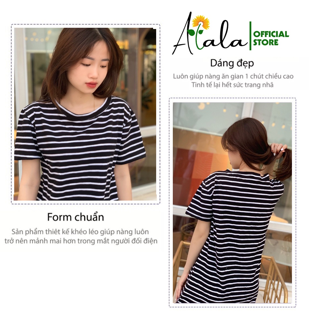 Đầm Kẻ Sọc Ngắn Tay Suông Rộng Cổ Tròn Đen Trắng Xẻ Tà Chất Cotton Thoáng Mát Váy suông kẻ Alala