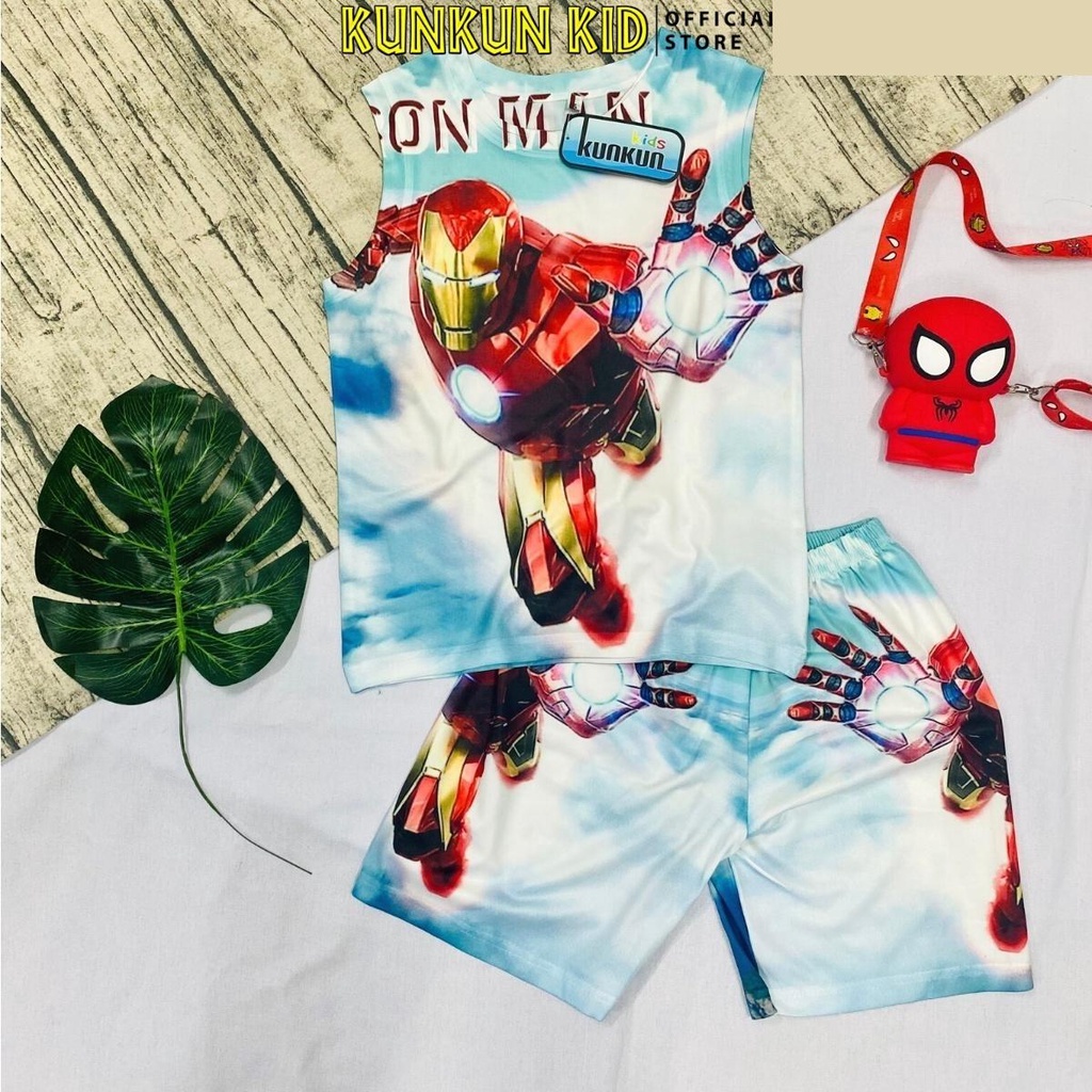 Bộ ba lỗ bé trai thun lạnh in 3d hoạt hình Ironman Kunkun Kid BL210, quần áo trẻ em size đại