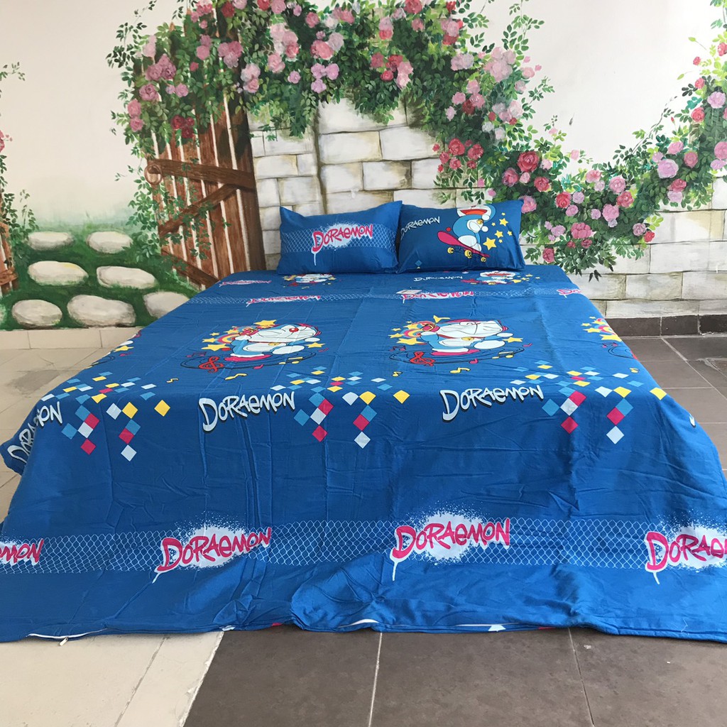 Bộ chăn ga gối  Sông Hồng 1.6m x 2m chất cotton, hình Doraemon