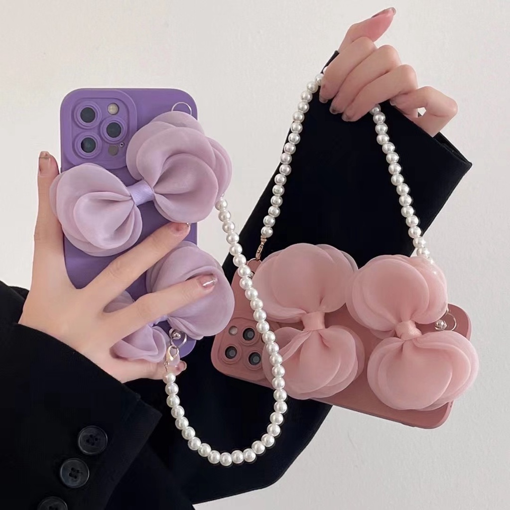 Ốp Điện Thoại tpu In Hình Nơ Có Dây Ngọc Trai Cho iphone 13 pro max ins12 pro max 11 pro max xsmax tpu 7Plus Hoạt Hình