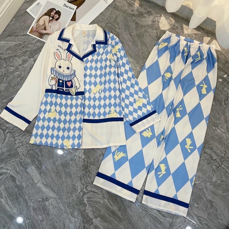 [Hàng sẵn] pijama lụa satin cao cấp Quảng Châu tay dài thỏ thoi xanh