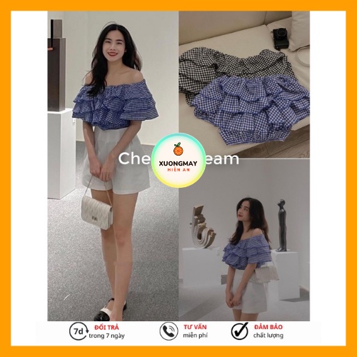 Set Áo Trễ Vai Caro Bèo Tầng Dáng Croptop Mix Quần Sooc, Áo Trễ Vải Hàn Quốc