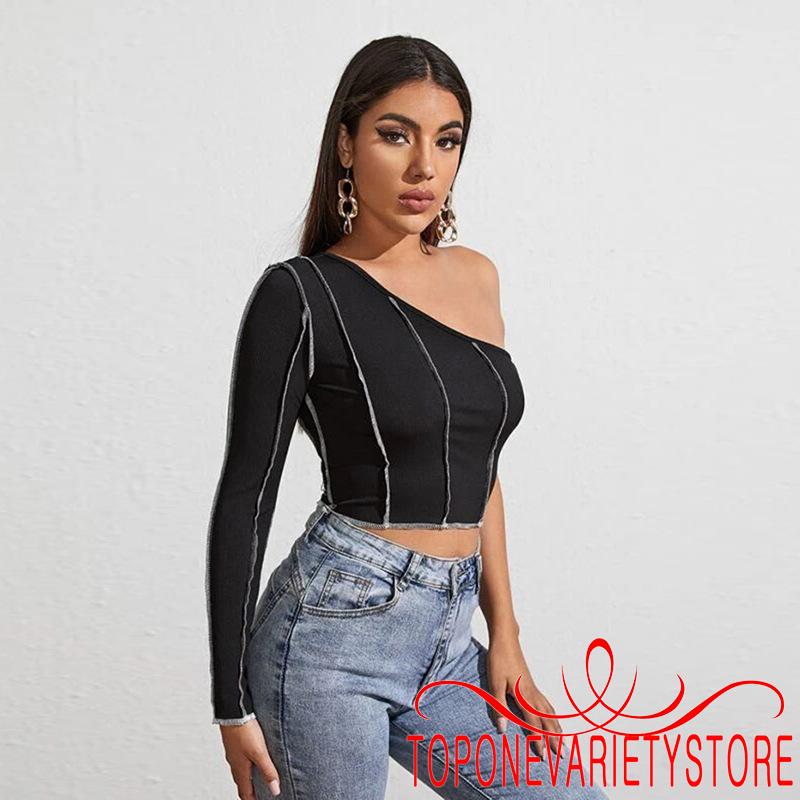 Áo Crop Top Nữ Trễ Vai Dài Tay Sọc Ngang Thời Trang