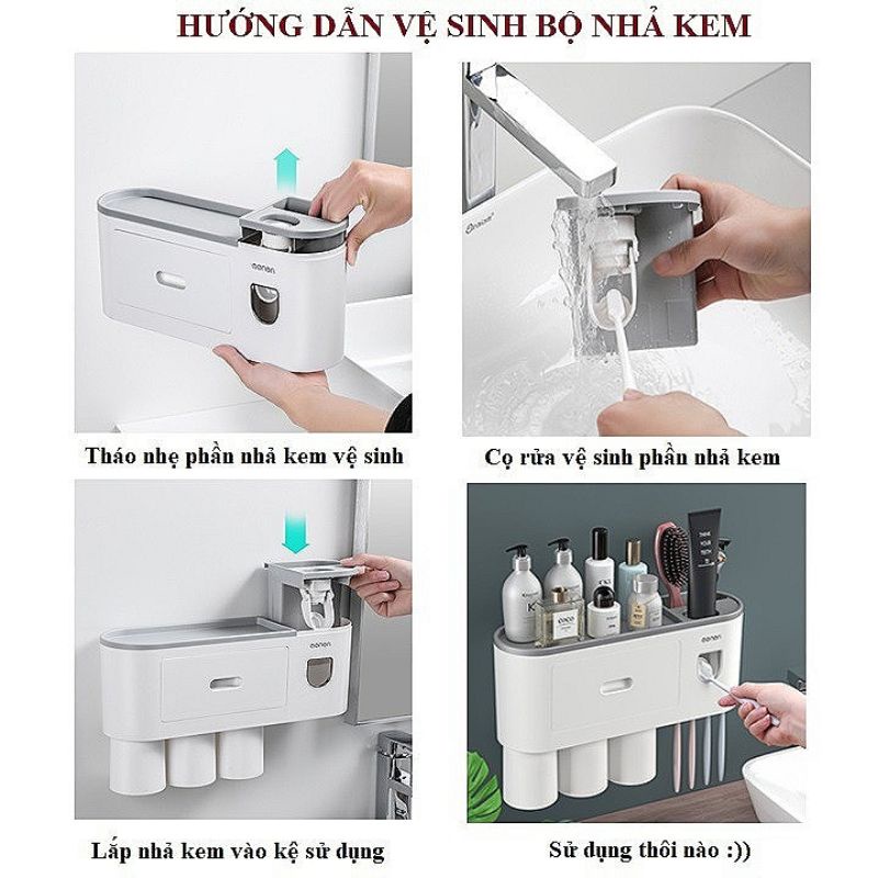 Bộ nhả kem đánh răng tự động 3 cốc treo tường dán tường Misy home kiêm kệ để đồ tủ mini