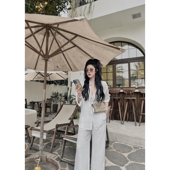 SET áo sơ mi quần ống rộng vải đũi trắng MIX đồ đi chơi cực sang - Chất vải đũi mặc vừa nhẹ vừa mát