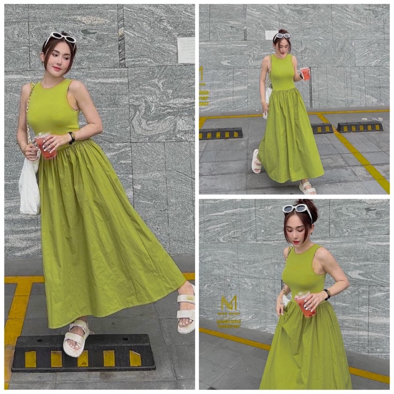 💕 ĐẦM MAXI XOÈ ĐI BIỂN PHỐI ÁO THUN GÂN CỘT NƠ LƯNG TRẮNG/ĐEN/XANH/NÂU MN💕GIMI