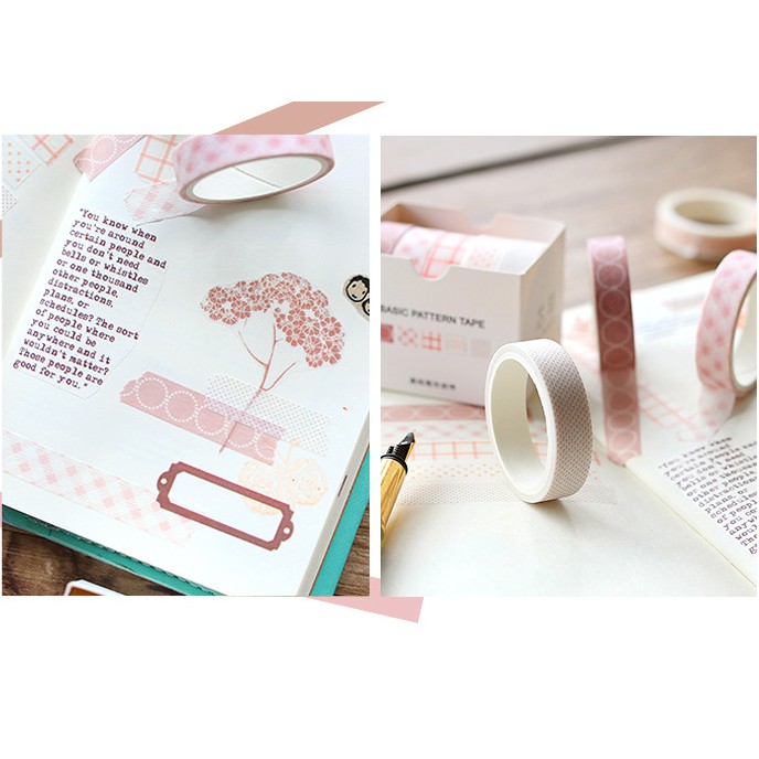 Hộp 5 cuộn washi tape mẫu hoa văn cơ bản