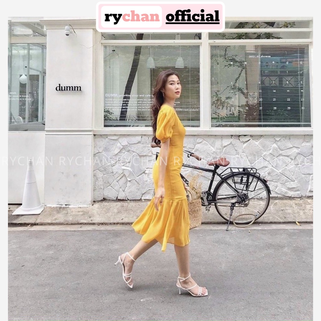 Đầm Váy Nữ Đi Chơi Đi Du Lịch Cổ V Tay Bo Đuôi Cá Ôm Body Cực Nữ Tính Màu Vàng - DX9845