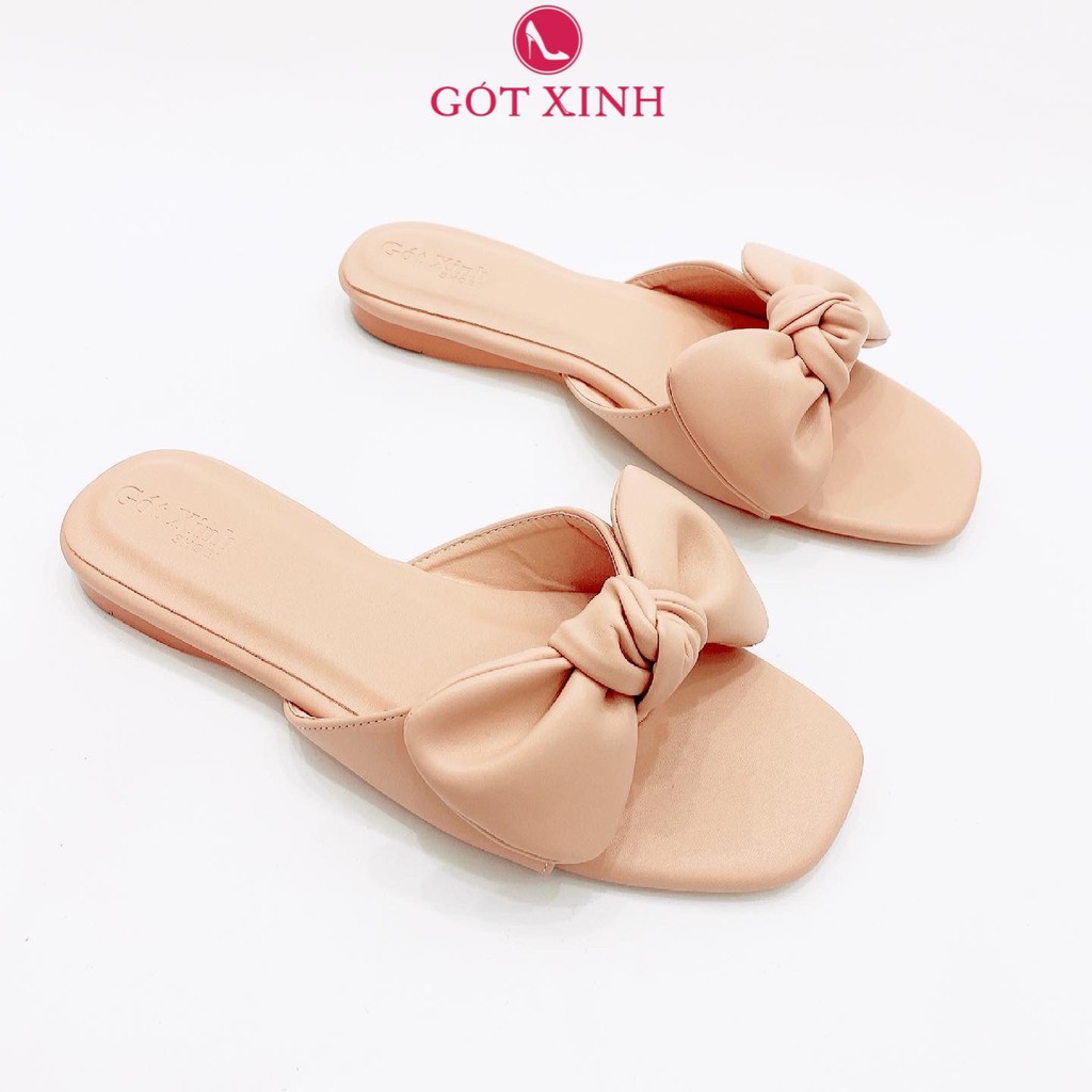 Dép nơ GÓT XINH GX4 màu xanh lá đế bệt da mềm
