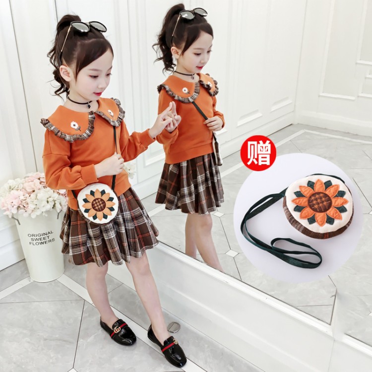 Set Áo Sweater Tay Dài Cổ Búp Bê + Chân Váy Sọc Ca Rô Thời Trang Xuân Thu Dễ Thương Cho Bé Gái