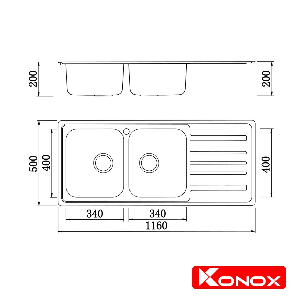 Chậu rửa bát có bàn chờ Konox European Artusi KS11650 1D, Inox 304AISI, Fullset: Siphon + Giá úp bát inox