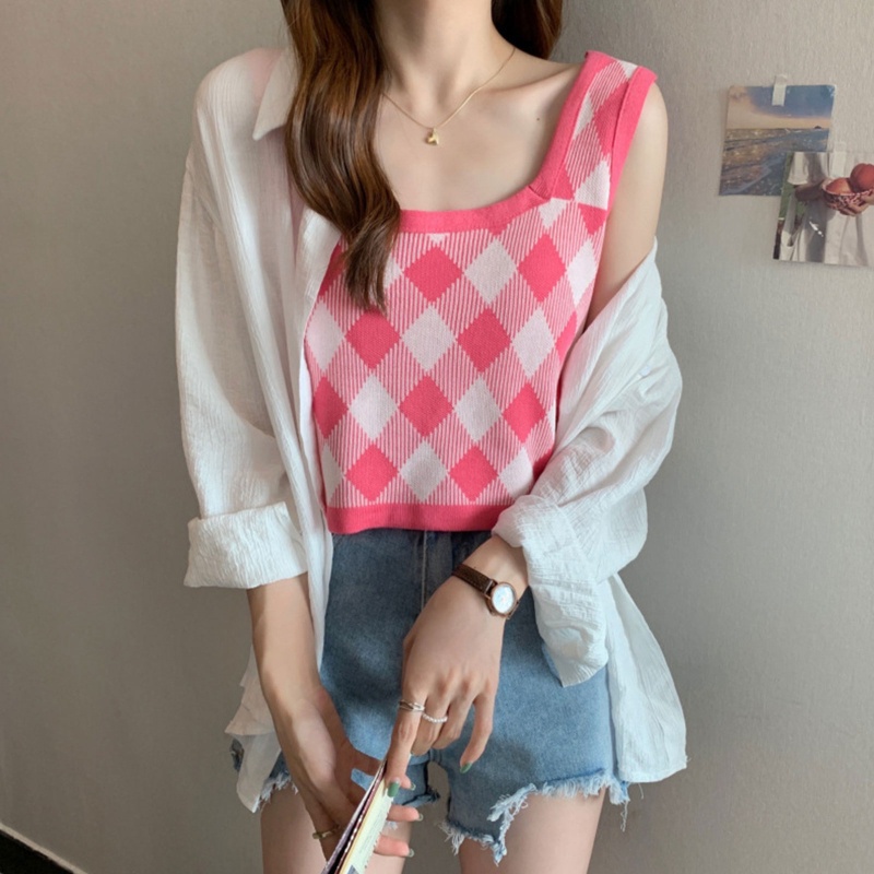 Brroa Áo Croptop Dệt Kim Không Tay Màu Sắc Tương Phản Họa Tiết Kim Cương Cổ Điển Thời Trang Mùa Hè Cho Nữ