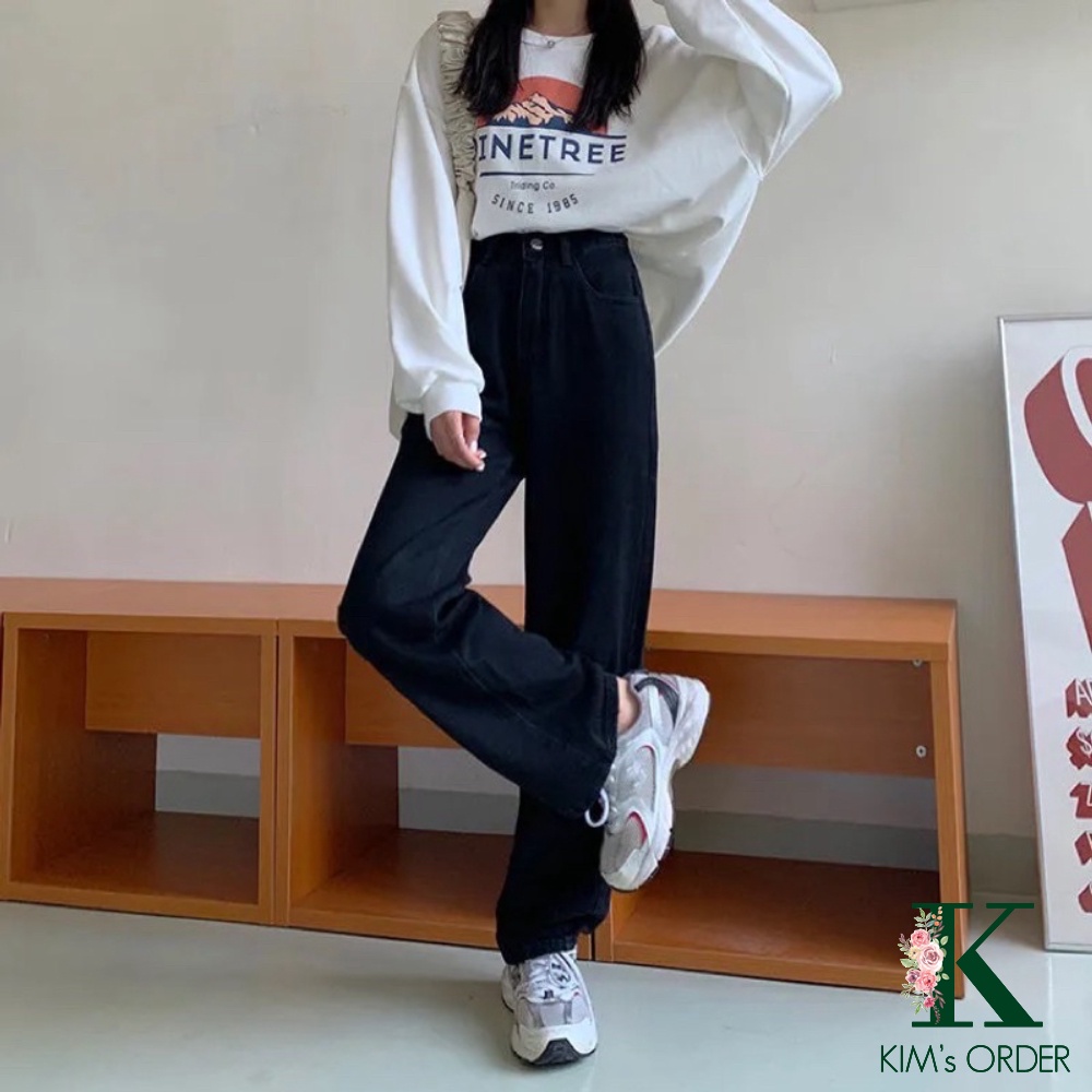 Quần Jean Nữ Cạp Cao Màu Xanh Than Denim Ống Suông Dài Dáng Rộng Phong Cách Ulzzang Chất Liệu Dày Dặn Loại 1 Co Dãn Nhẹ