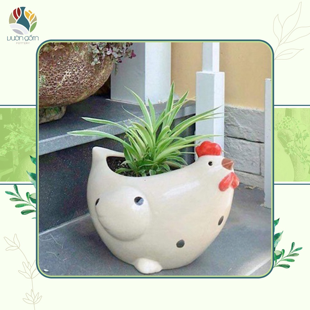 Chậu gốm sứ trồng cây hình gà mẹ decor trang trí tiểu cảnh Vườn Gốm - The Garden