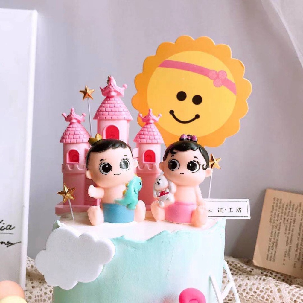 bộ trang trí bánh kem sinh nhật [FREESHIP] cặp đôi em bé ôm gấu thỏ