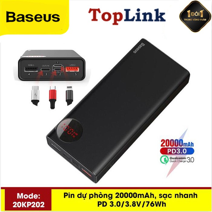 Pin Dự Phòng Cao Cấp 20KP202 Dung Lượng 20000mah Công Nghệ Sạc Nhanh Cổng PD 3.0 Sạc 2