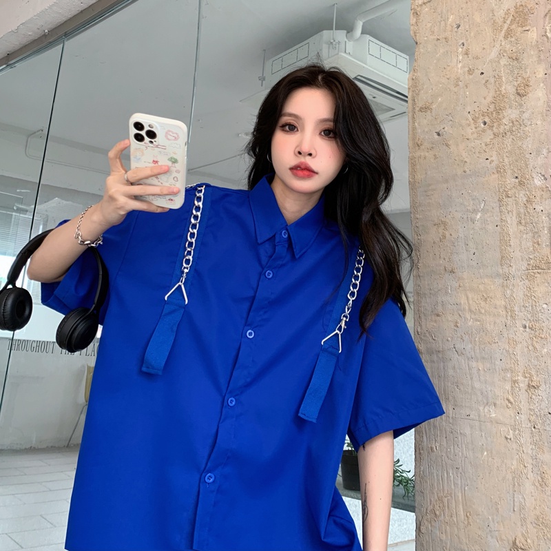 【ZHELIHANGFEI】Áo Sơ Mi Tay Dài Dáng Rộng Màu Xanh Klein Dễ Phối Đồ