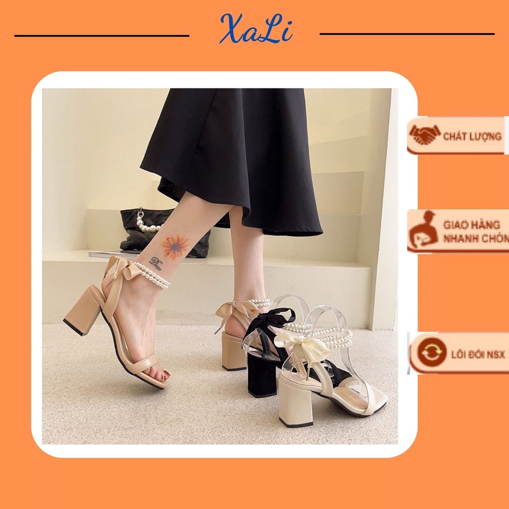 Giày Sandal Quai Ngang XALI 5 phân Quai Ngọc Công Sở Bánh Bèo Tiểu Thư, Giày Cao Gót Nữ Đế Vuông Thắt Nơ Lụa Gót Cao 5cm