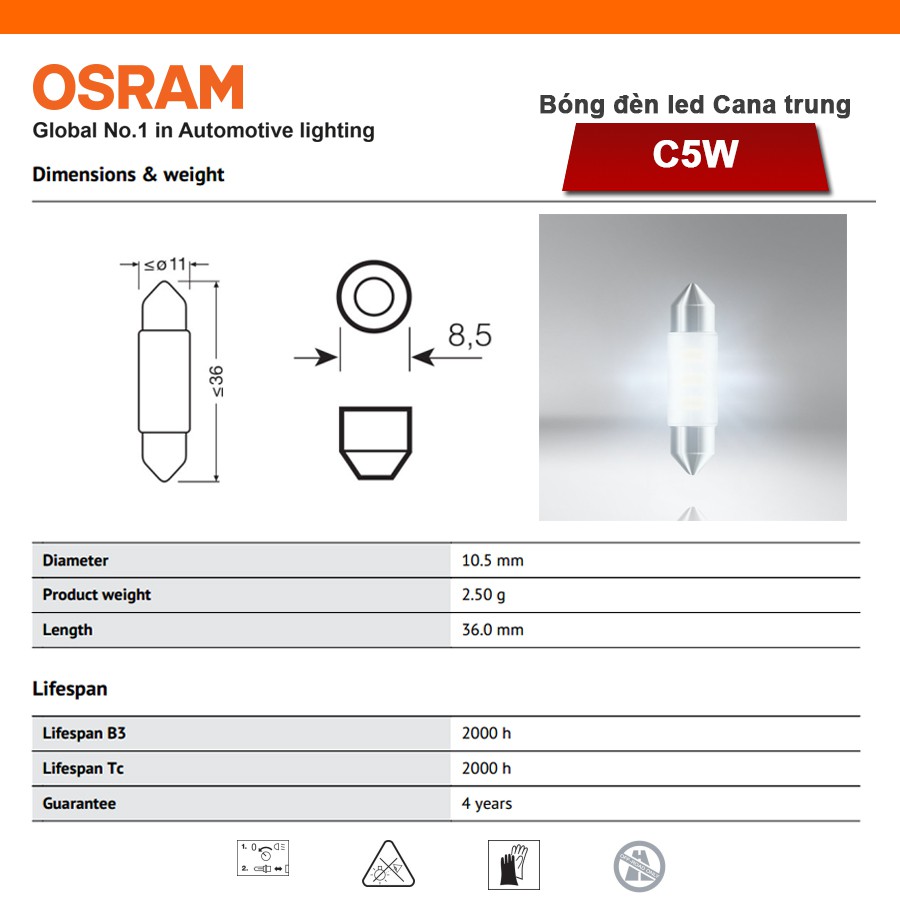 Bóng Đèn Led Cana Trung OSRAM Standard Retrofit C5W 12V Màu Trắng Sky - Nhập Khẩu Chính Hãng