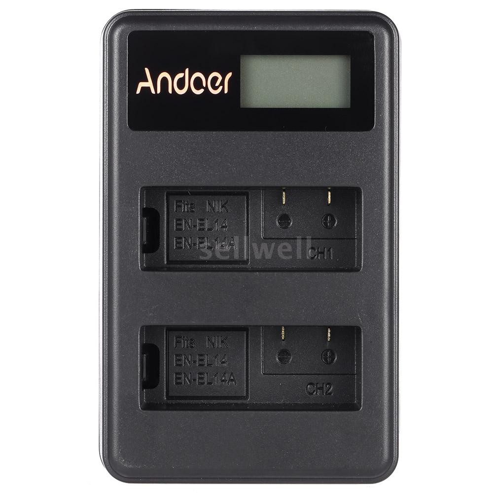 Andoer EN-EL14 EN-EL14A Rechargeable Li-ion Battery Charger Pack LED Display 2-Slot USB Cable Kit for Nikon D3100 D3200