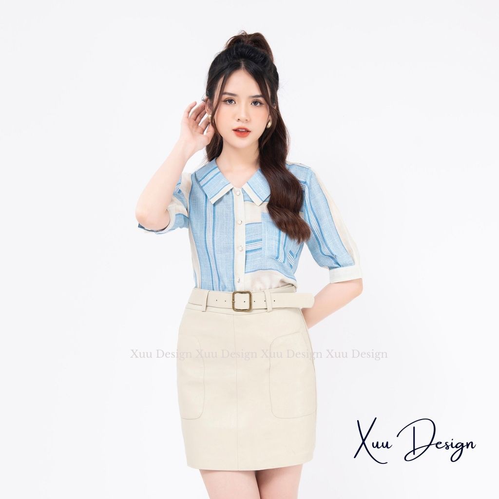 Áo kiểu nữ tay lỡ thời trang Xuu Design, Áo sơ mi cổ tròn họa tiết kẻ màu tươi sáng trẻ trung phong cách công sở - XU16