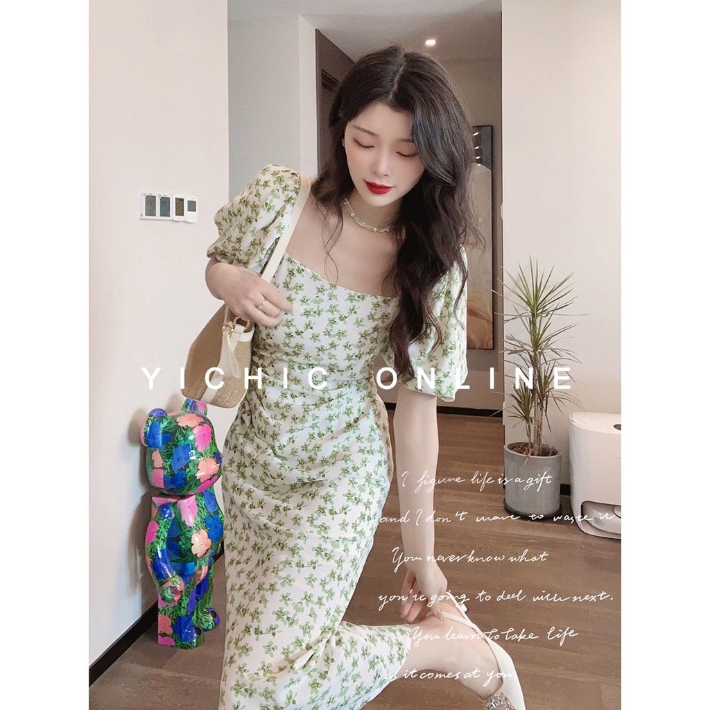 Đầm Dáng Chữ A Cổ Vuông Xẻ Tà In Họa Tiết Hoa Phong Cách Hàn Quốc Thời Trang