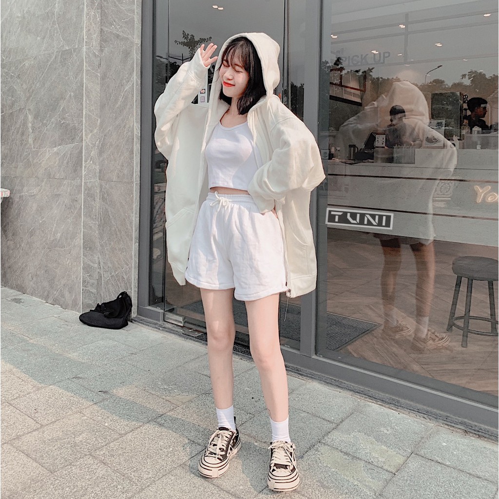 (Hàng chuẩn đẹp) Hoodie dây kéo màu trắng - áo hoodie zipper ulzzang unisex form rộng dễ thương