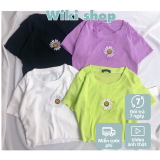Áo thun croptop thêu hoa cúc mặt cười sẵn 4 màu A0099