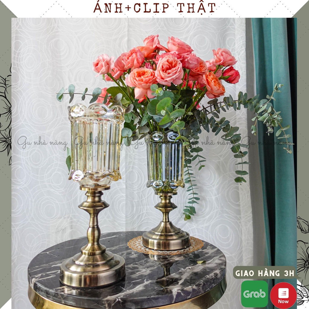 Bình hoa thủy tinh đế vàng decor phòng ngủ và trang trí phòng khách cao cấp
