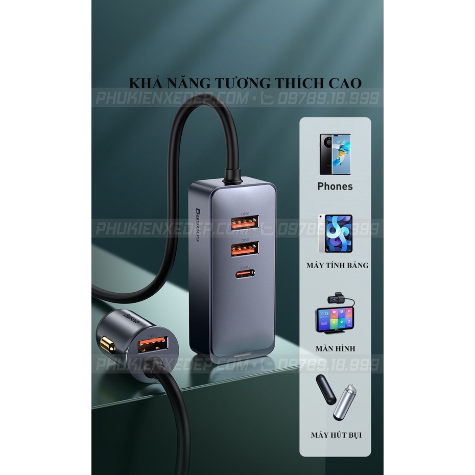 Tẩu sạc ô tô ⚡CAO CẤP⚡ Baseus 3 cổng USB 1 Type C có dây dài 120W sạc nhanh mở rộng BẢO HÀNH 6 tháng