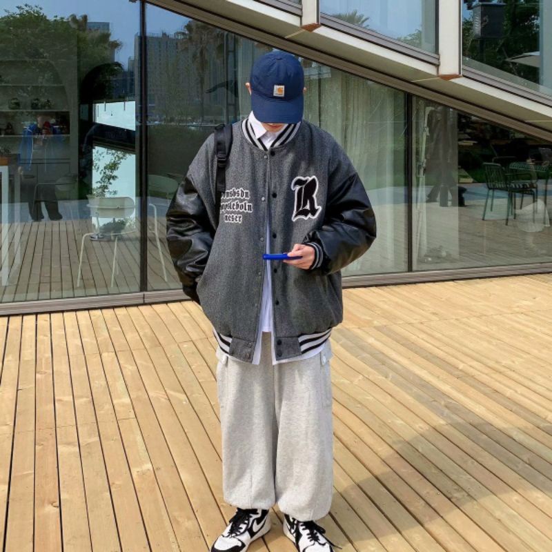 ÁO KHOÁC BÓNG CHÀY ĐÓNG CÚC PHỐI TAY DA HÀNG QUẢNG CHÂU