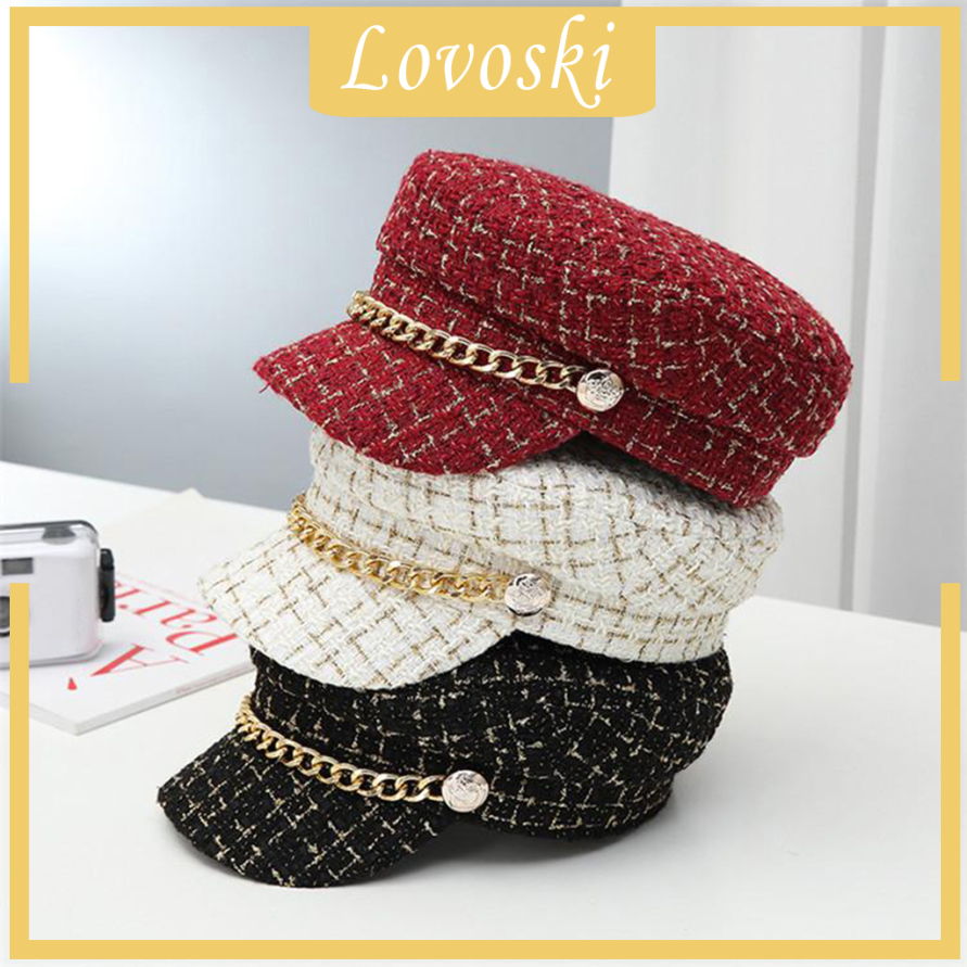 [LOVOSKI]Womens Classic Retro Tweed Plaid Newsboy Cap Flat Top Visor Cabbie Hat