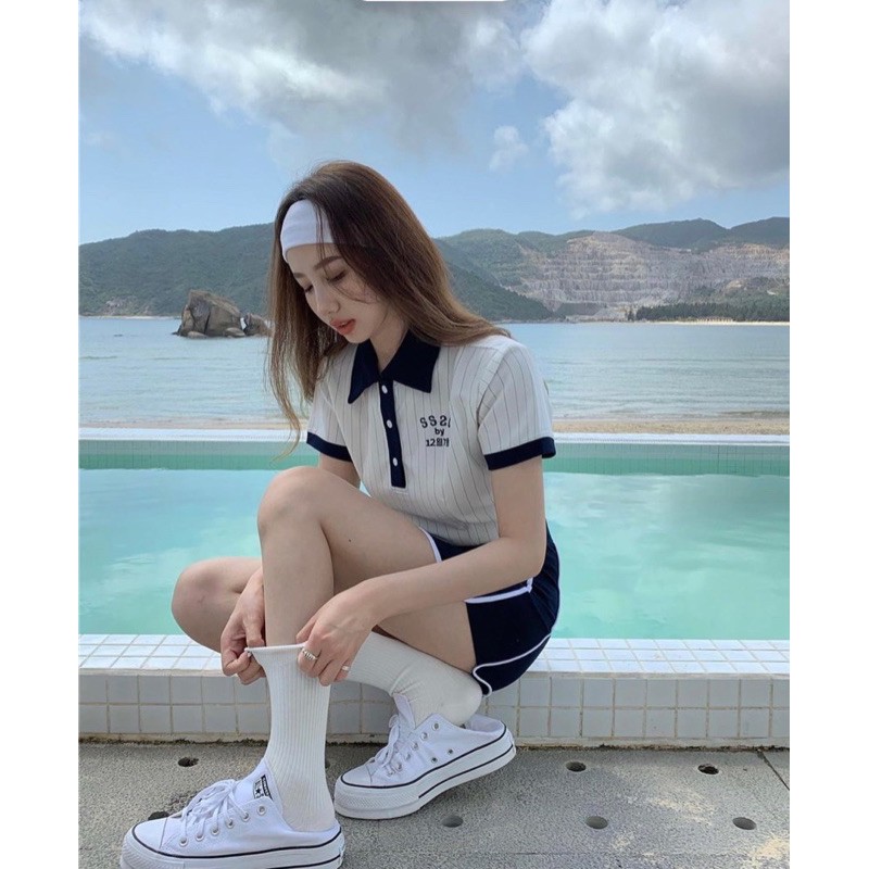 💙Set crop sọc viền cổ xanh + váy thể thao