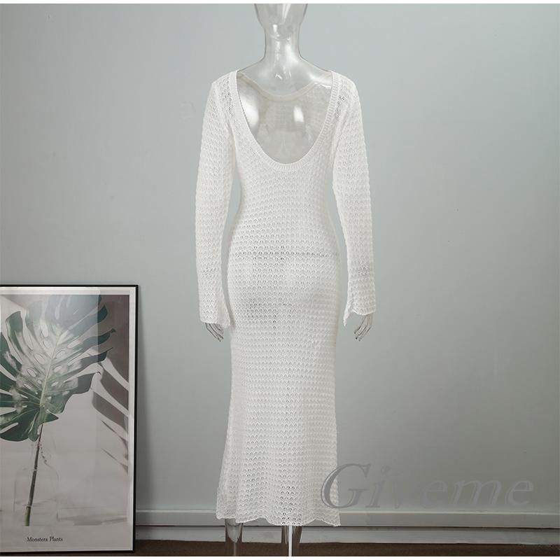 Đầm Dài Dệt Kim Màu Trơn Xuyên Thấu Cổ Tròn Tay Dài Thời Trang Mùa Hè Cho Nữ