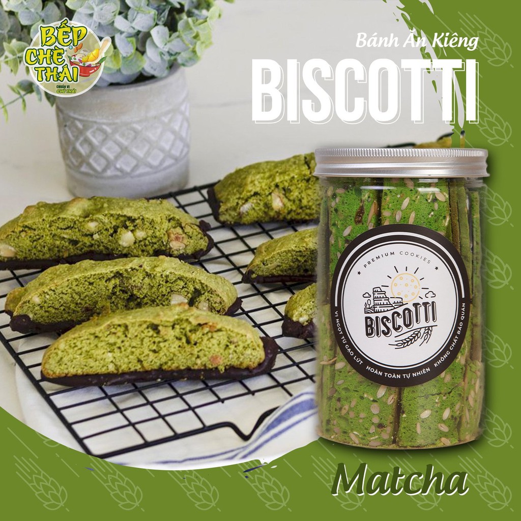Bánh Biscotti Ăn Kiêng Mix 4 Vị Sữa Dừa Vani Chocolate Matcha - Hũ 250gr - Bếp Chè Thái
