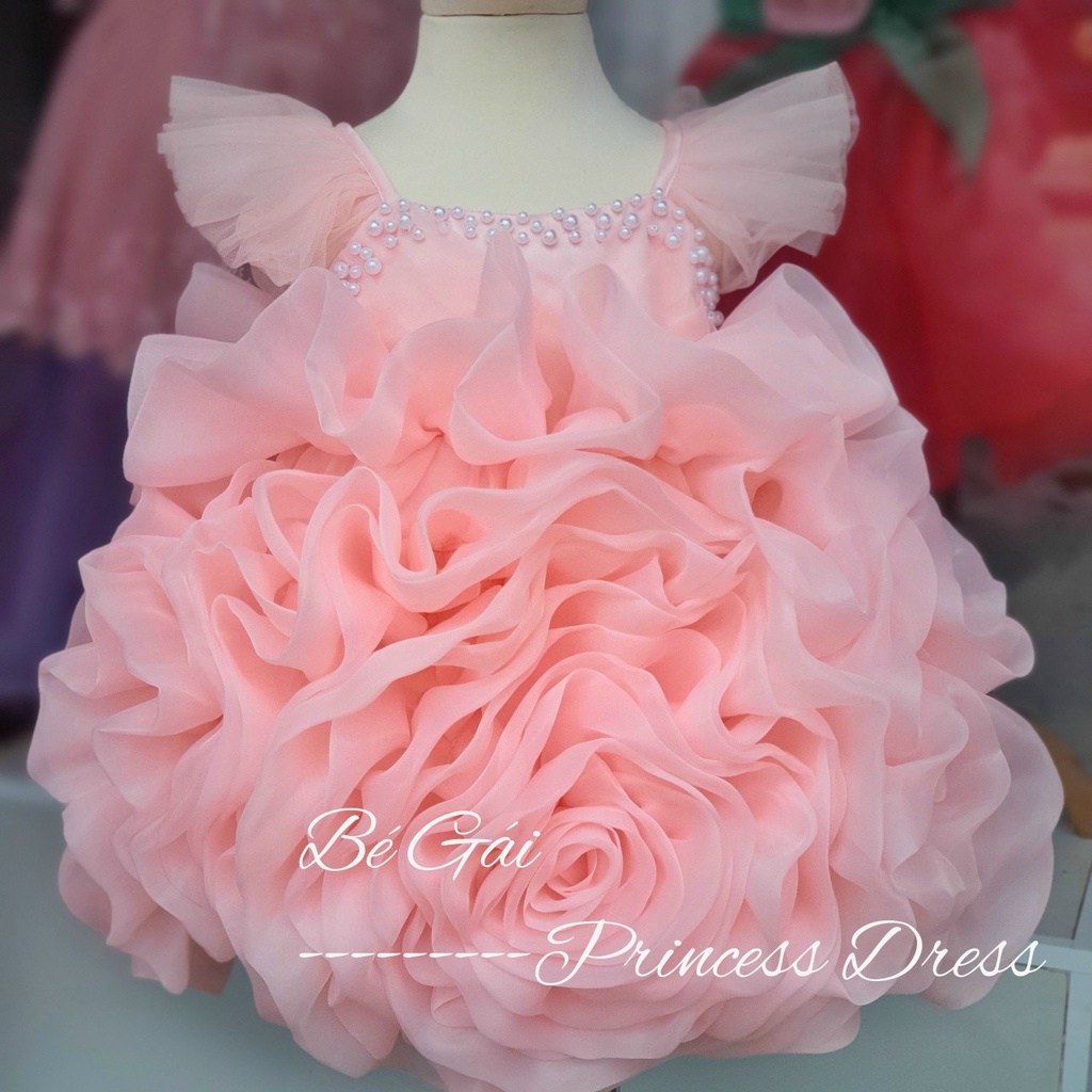 Đầm công chúa cao cấp hoa hồng 3D màu hồng ruốc / hồng cam cho bé gái 1-6 tuổi