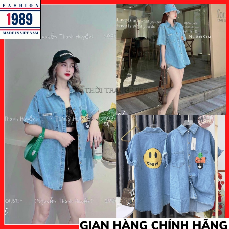 Áo sơ mi jean MẶT CƯỜI from rộng- áo bò demin ngắn tay phong cách ulzzang hàn quốc