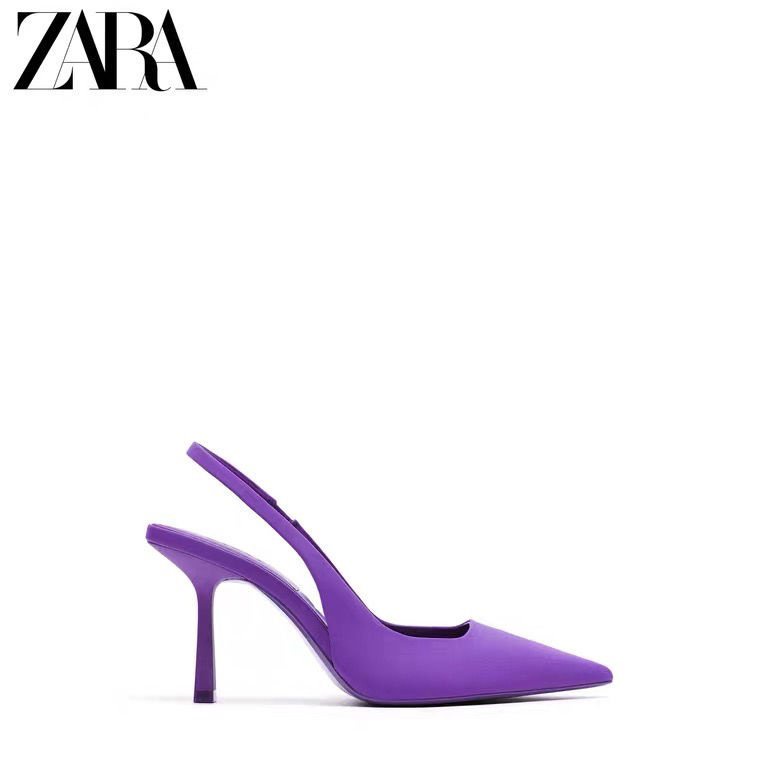 Giày cao gót slingback Zara mũi nhọn chất liệu vải màu tím thời trang mùa hè 2021 mới cho nữ
