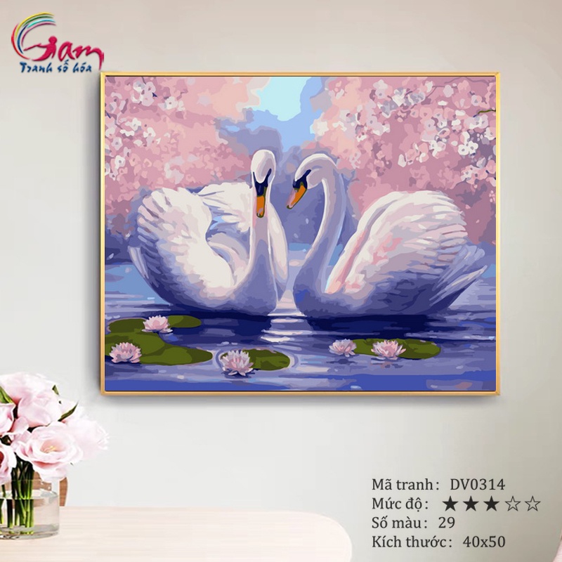 Tranh tô màu số hóa Gam đôi thiên nga trắng có sẵn đã căng khung 40x50cm DV0314