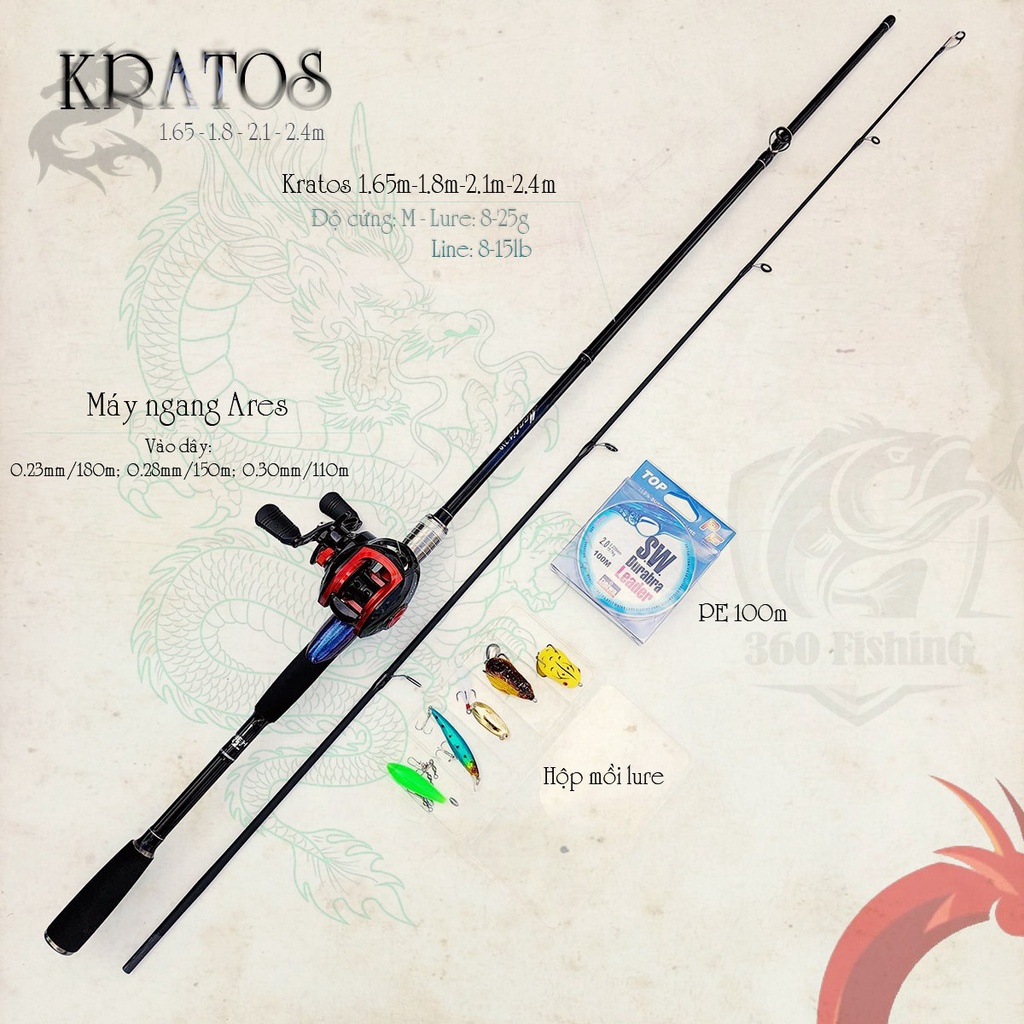 Bộ Cần Câu Lure Dratos Máy Ngang Ares Cần Câu Cá Carbon Kèm Dây PE Và Hộp Mồi Lure