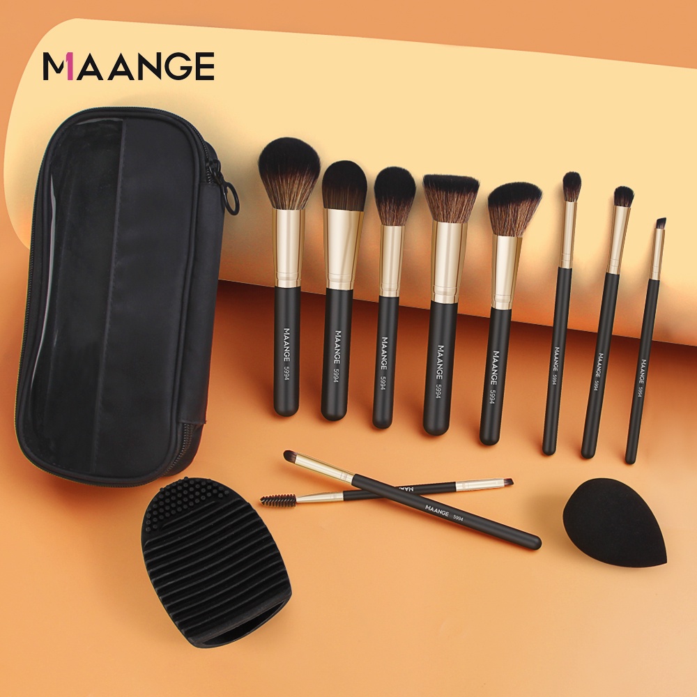 Bộ 10 cọ trang điểm MAANGE chuyên nghiệp Cao cấp Gồm túi, mút, dụng cụ làm sạch 5994