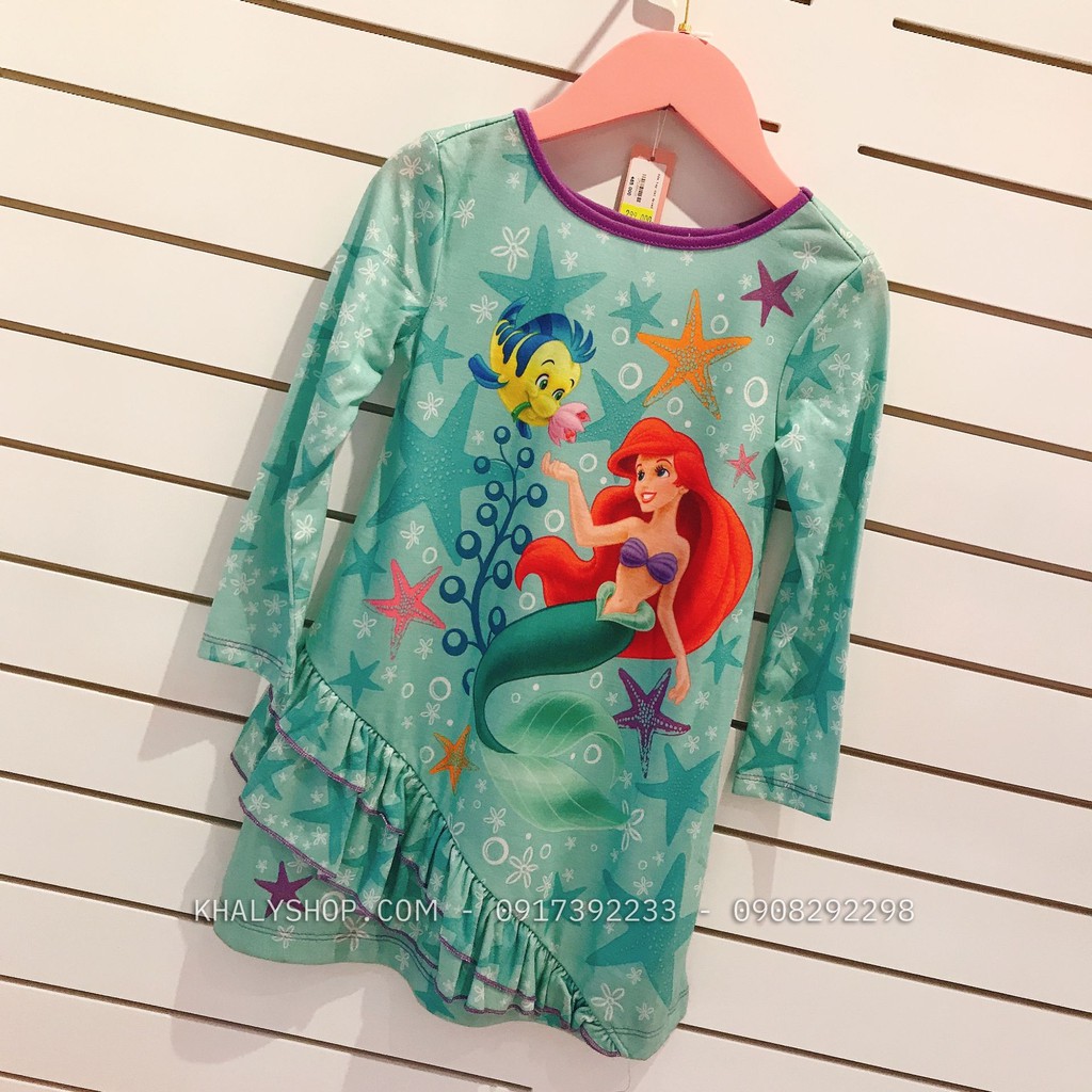 Đầm thun tay dài trẻ em hình Ariel nàng tiên cá (Princess) màu xanh lá size XS cho bé gái 3 tuổi (Mỹ US-UK) - DTDARXL05