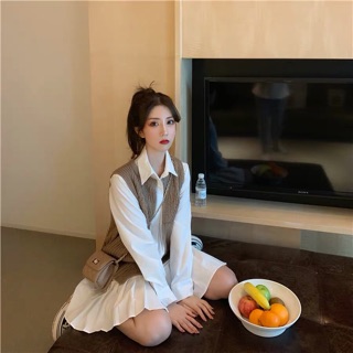 (Order) Set váy sơ mi dập ly + áo khoác len