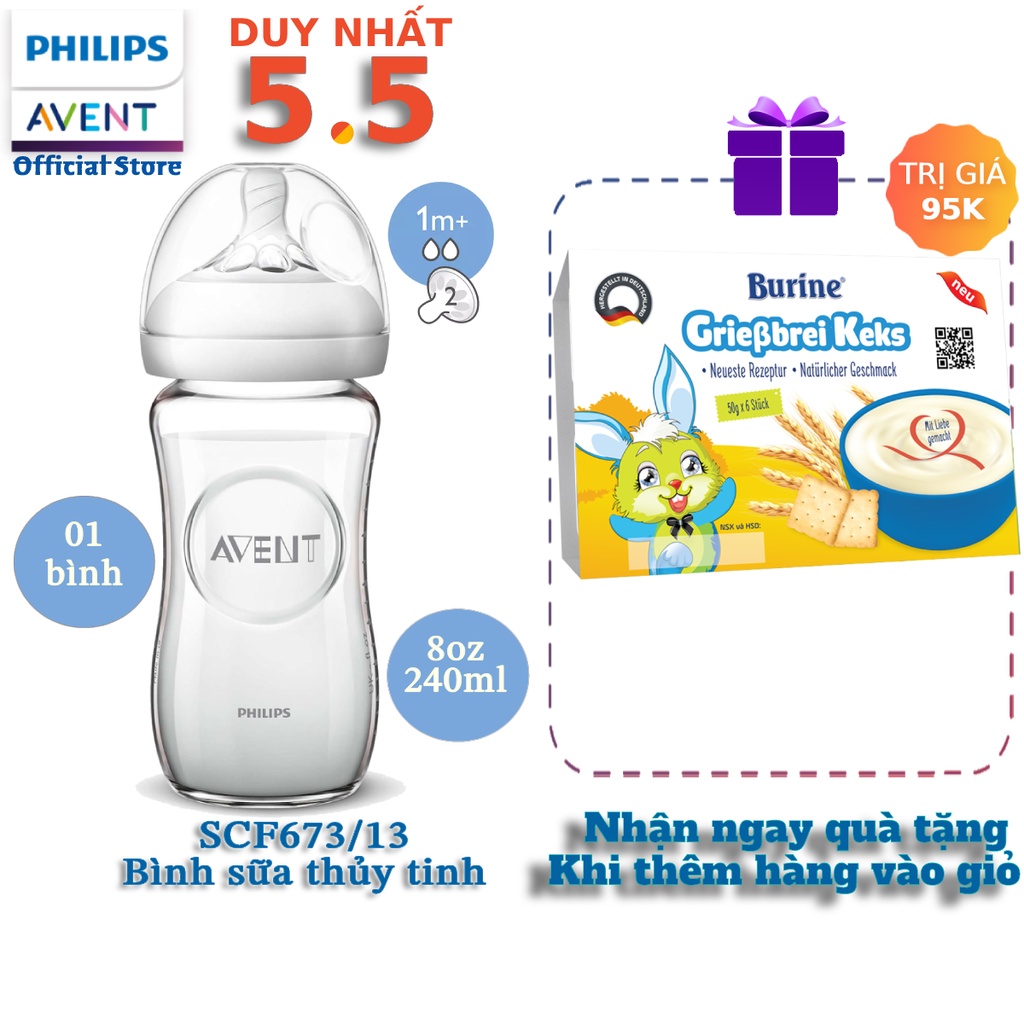 Bình sữa thủy tinh hiệu Philips Avent dòng mô phỏng tự nhiên dung tích 240ml SCF673/13 cho trẻ từ 1 tháng tuổi trở lên