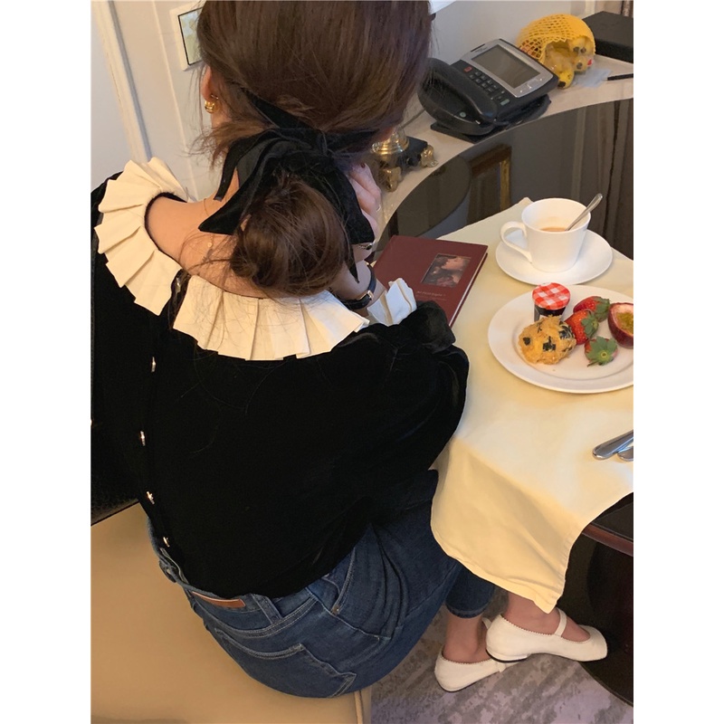 Áo sơ mi peppermint 48427 tay dài chất liệu nhung mềm mại phong cách ngọt ngào cho nữ