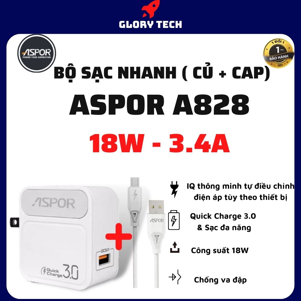 ⚡️KÈM DÂY SẠC⚡️Bộ Củ Sạc Nhanh ASPOR A828 IQ 3.4A  - Tích hợp chíp IQ tự động điều chỉnh dòng mọi loại điện thoại